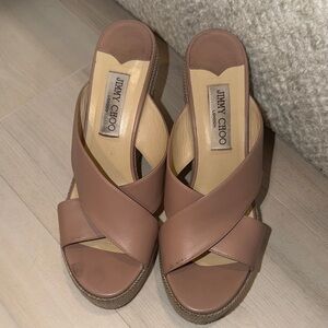 Jimmy Choo Taupe Leather Wedge Sandals